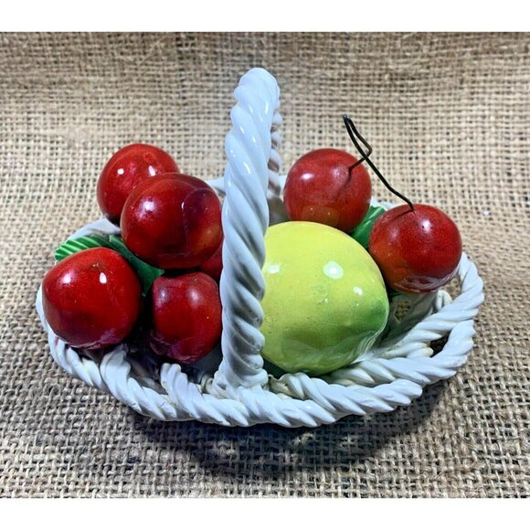 Vintage Ceramic Laced Fruit Basket 4.5" Oval Lemon Cherries Made in Italy - Picture 2 of 11